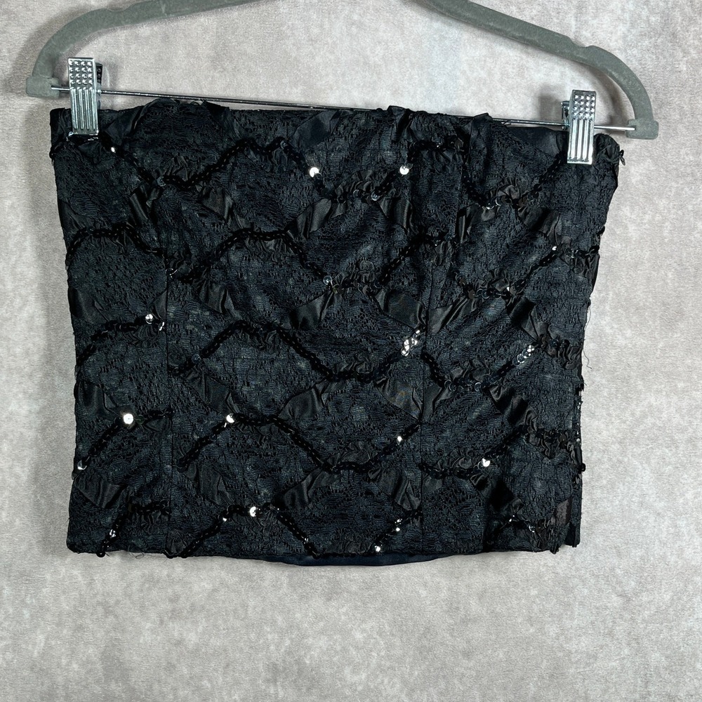 Vintage Prophecy Crop Top Womens S Black Lace Strapless Sequins Night Out Party